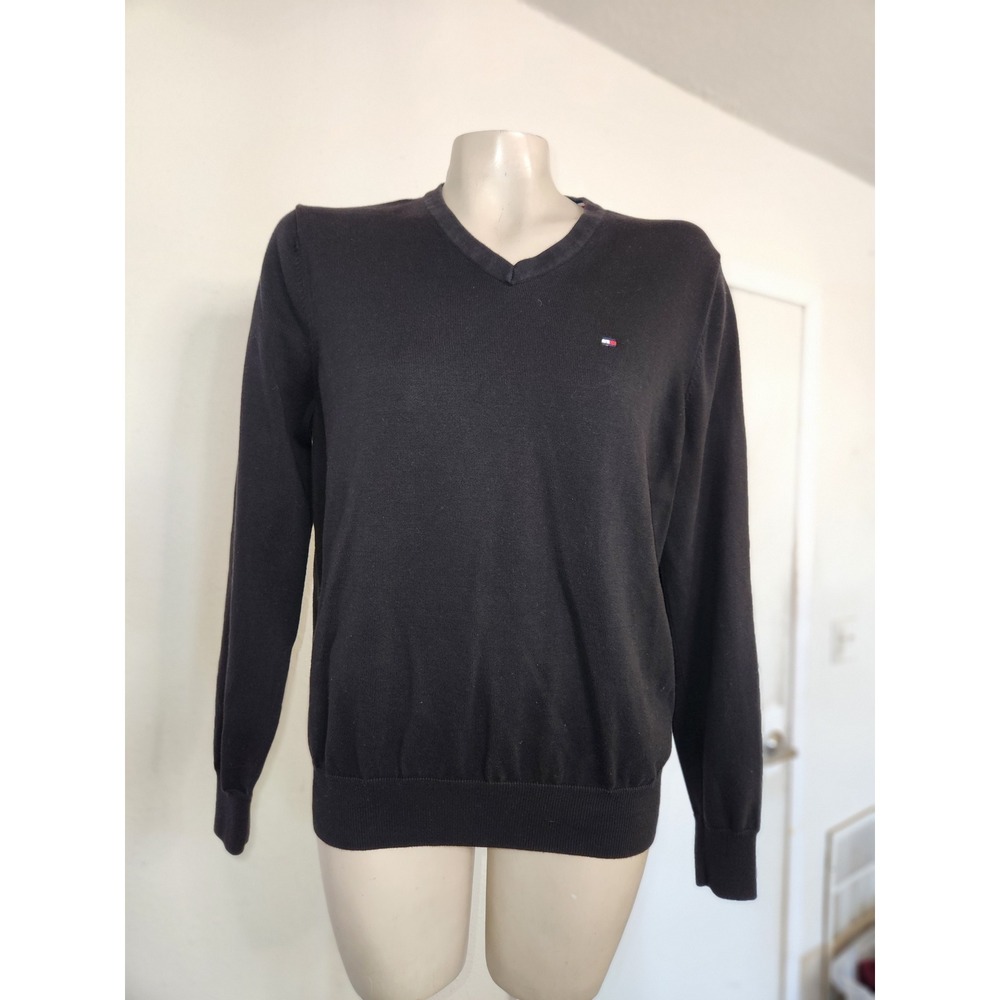Tommy Hilfiger Mens Black Premium Cotton V-Neck Sweater M Flag Logo Pullover